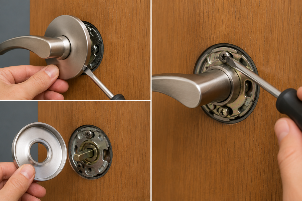Removing the decorative cover from a lever door handle to access and tighten the hidden mounting screws on a wooden door.