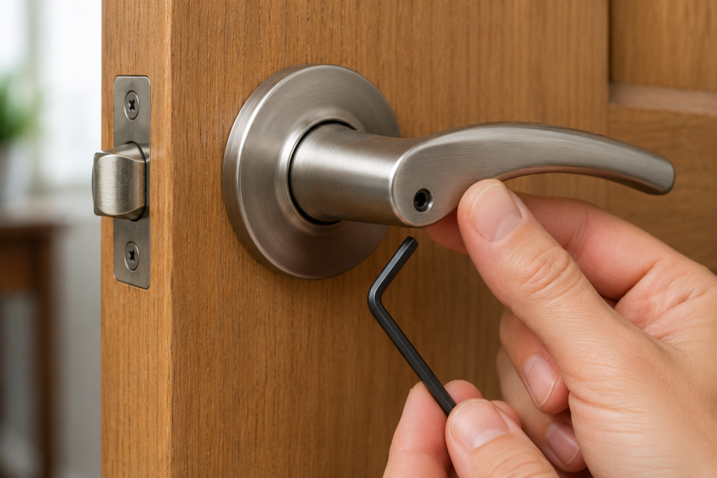 Close-up of an Allen wrench tightening the set screw underneath a lever door handle on a wooden interior door for door handle keeps spinning.
