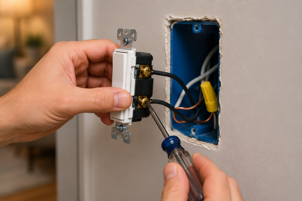 Person tightening loose wire connections on a wall light switch using a screwdriver during electrical troubleshooting.
