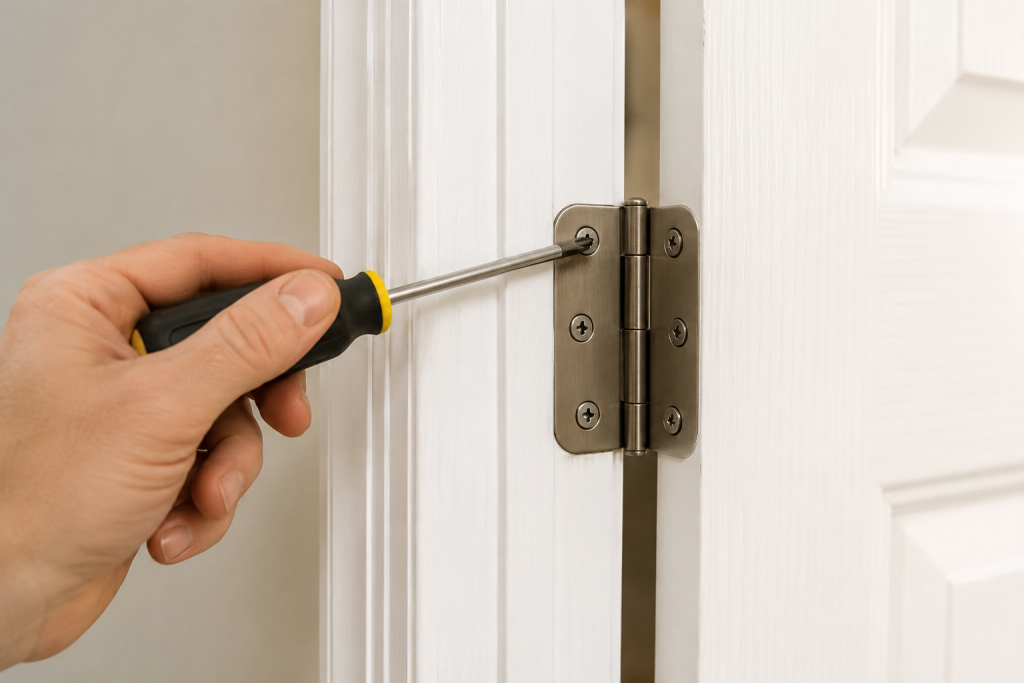Person tightening loose door hinge screws with a screwdriver to fix a sagging interior door.