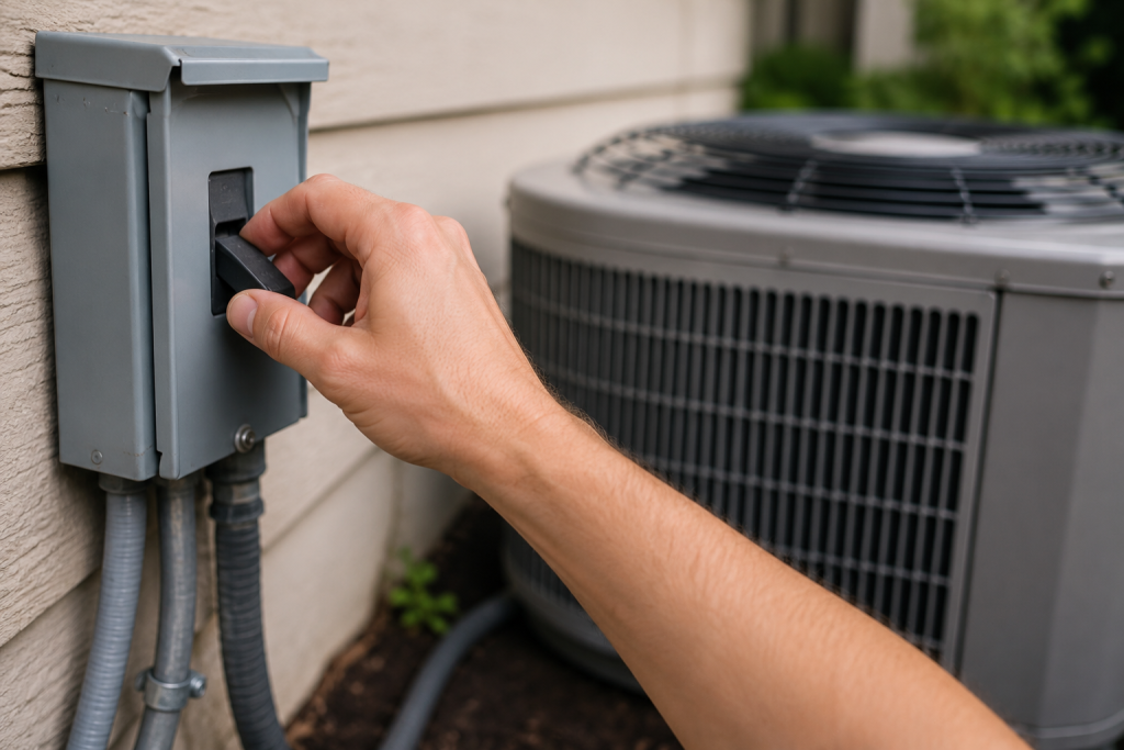 Hand turning off the outdoor AC disconnect switch before inspecting or repairing an air conditioner.