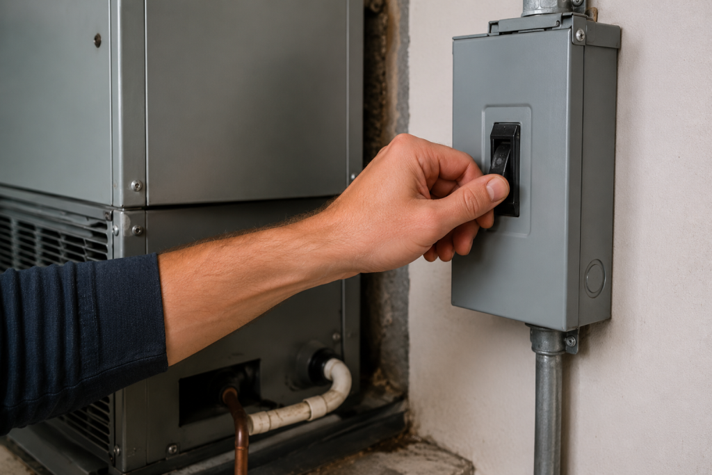 Hand switching off the electrical disconnect box next to a residential HVAC system before performing air conditioner maintenance.