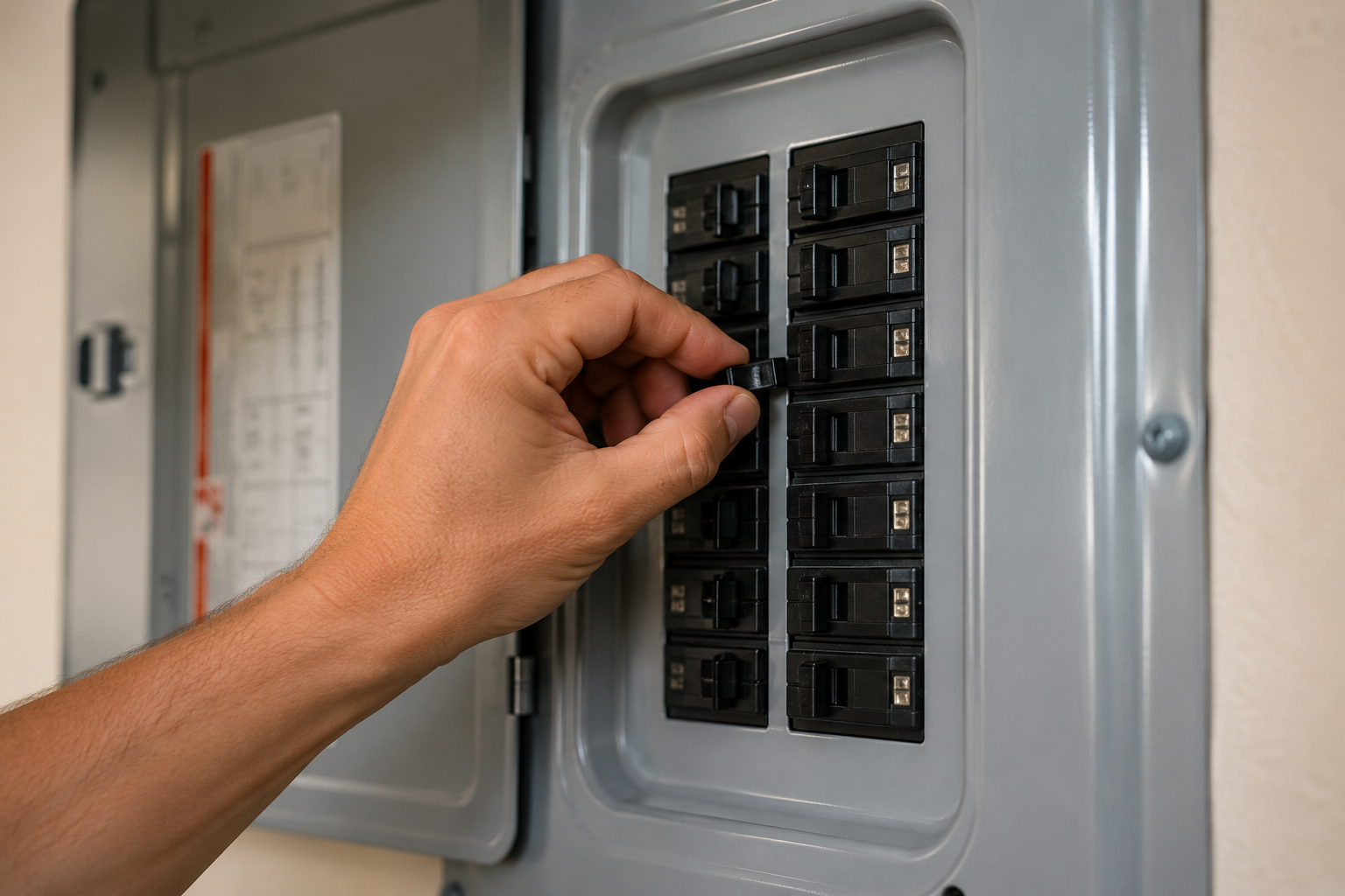 Hand turning off a circuit breaker in a home's electrical panel before inspecting or repairing a buzzing light switch.