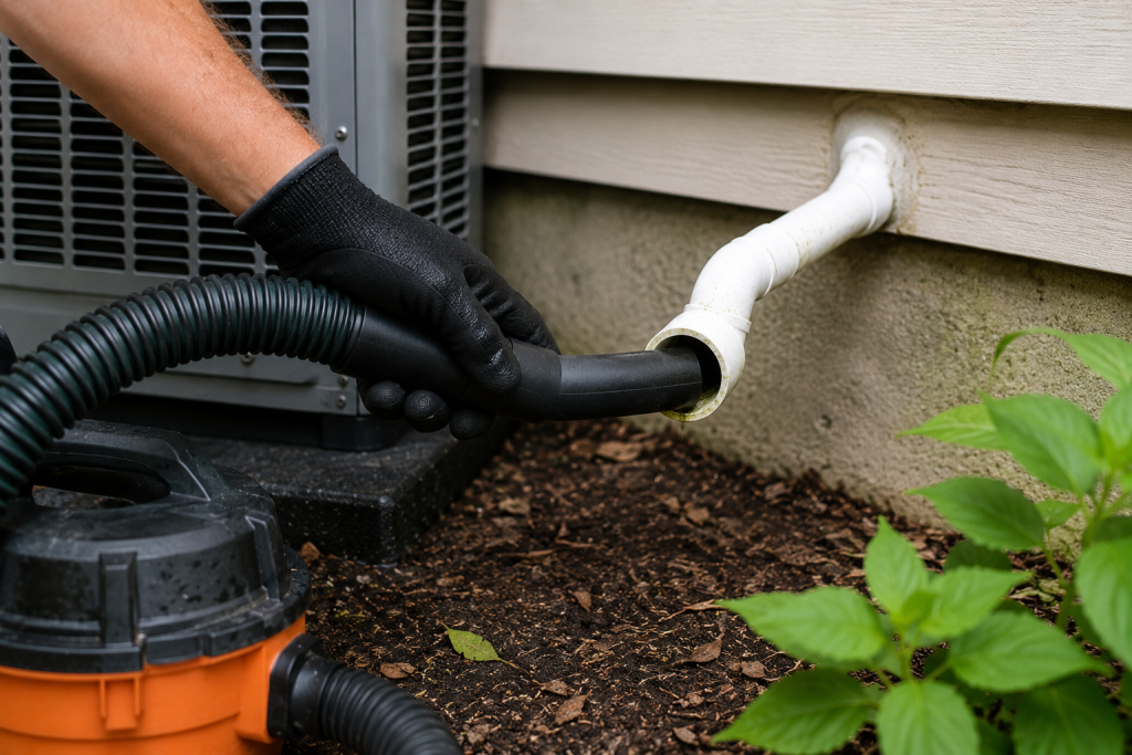 Wet/dry vacuum connected to an outdoor PVC AC condensate drain line to remove algae and debris causing a clog.