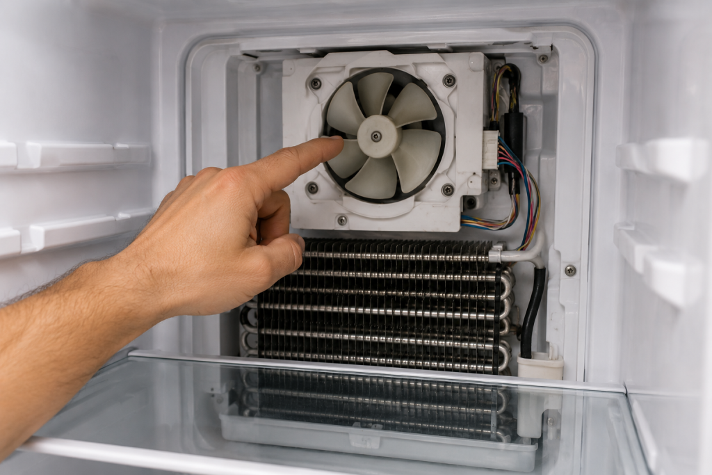 Person inspecting the evaporator fan inside the freezer compartment to verify the fan is operating and circulating cold air.