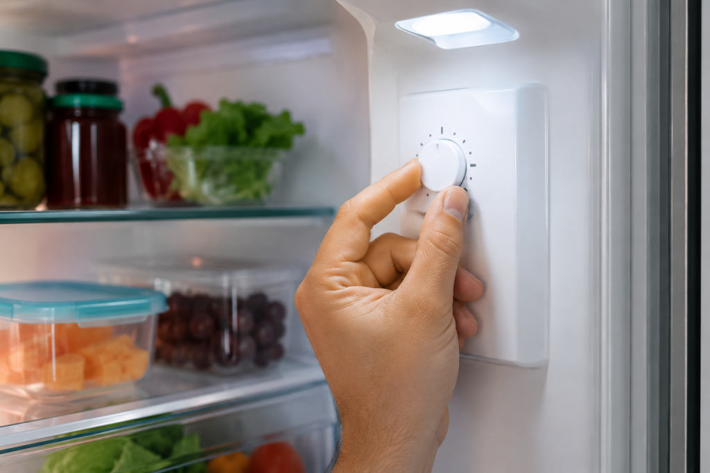 Hand adjusting the temperature control inside a refrigerator to verify the correct cooling settings for Refrigerator Compressor Running but Not Cooling.