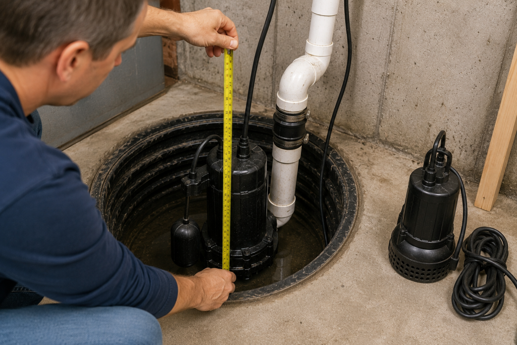 Homeowner measuring and comparing a sump pump installation to verify the pump is properly sized for the sump pit.