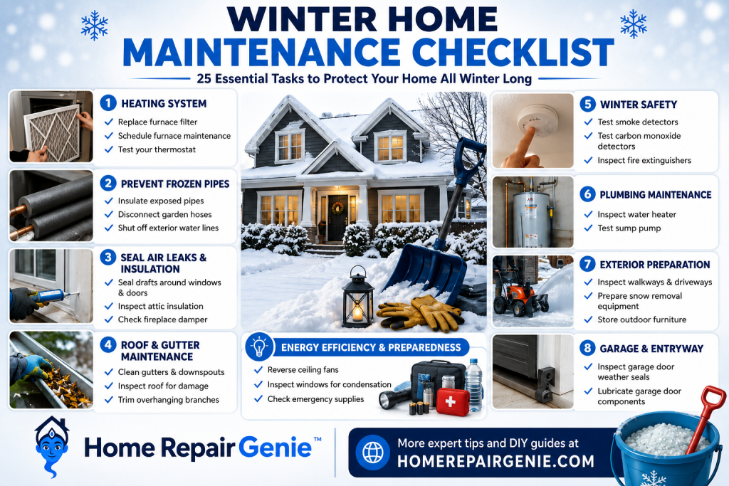 Winter home maintenance checklist from Home Repair Genie featuring 25 essential homeowner tasks for heating, frozen pipe prevention, insulation, roof and gutter maintenance, winter safety, plumbing, exterior preparation, garage maintenance, and energy efficiency.