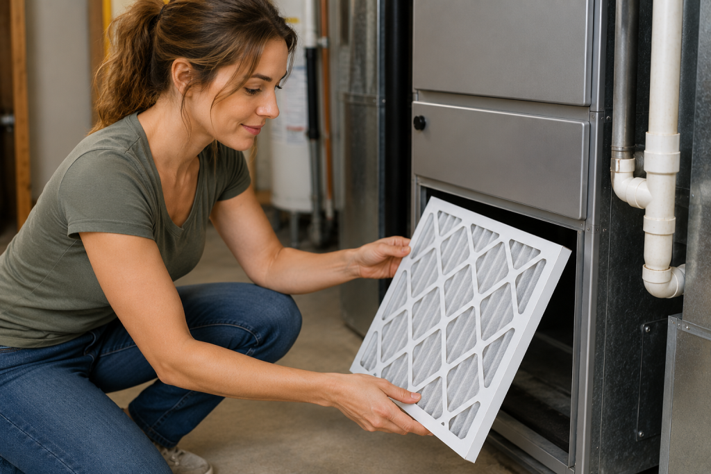 Woman installing a new pleated furnace air filter into a residential HVAC system in a home utility room for Best Furnace Filters.