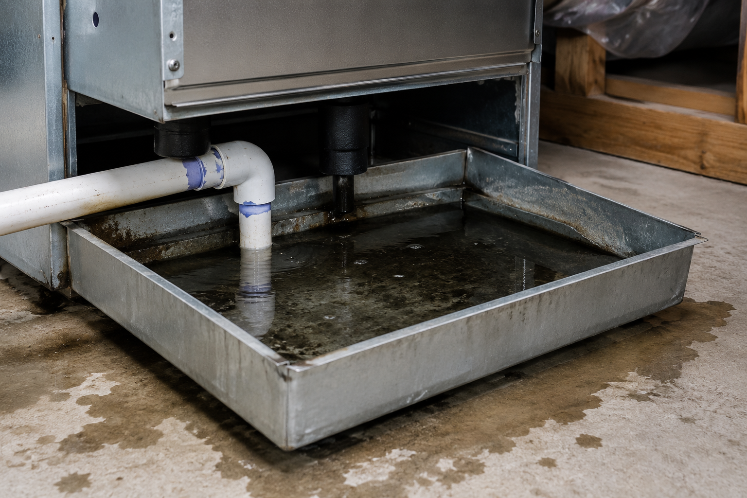 AC drain pan filling with water beneath an HVAC air handler.