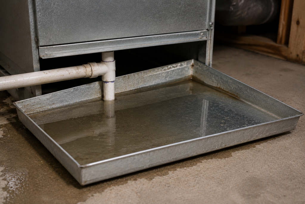 AC drain pan filling with water because it is not sloped correctly toward the drain.