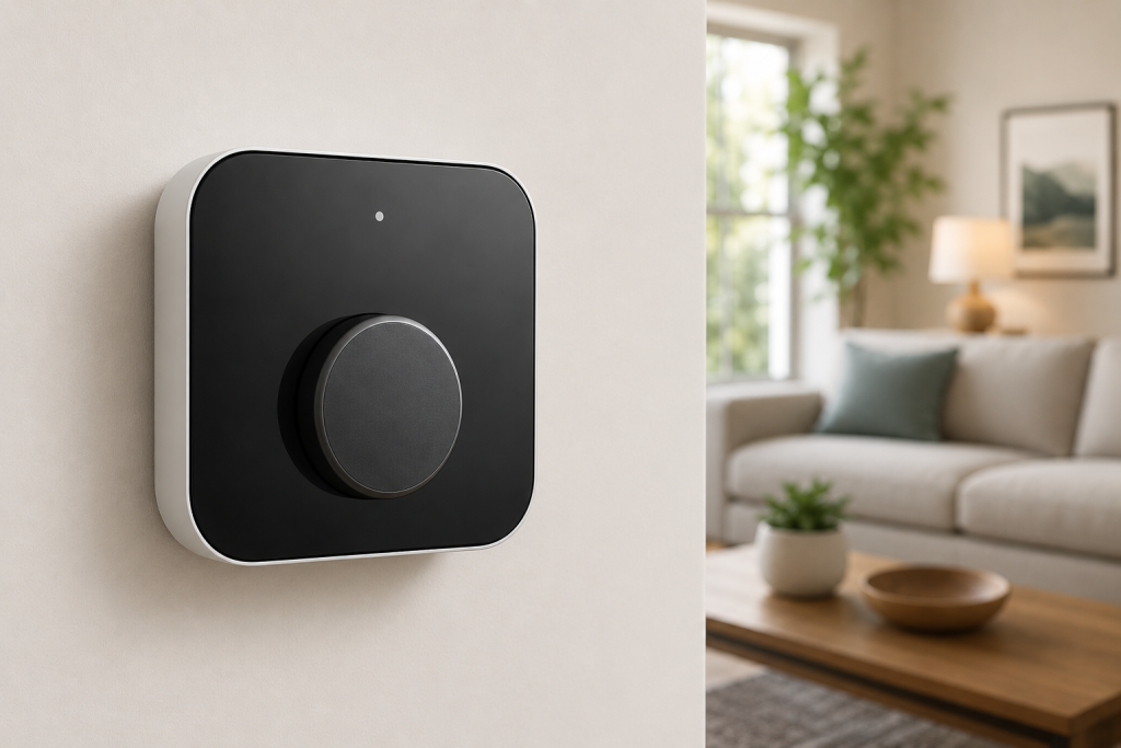 Amazon Smart Thermostat mounted on a wall in a modern living room with a softly blurred home interior in the background.