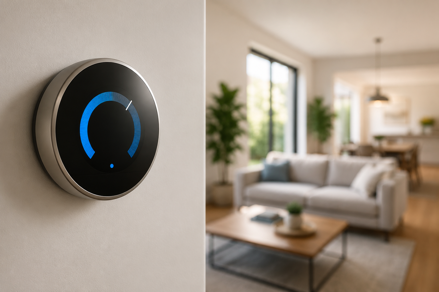 Modern smart thermostat installed on a wall in a contemporary home with a bright living room in the background.