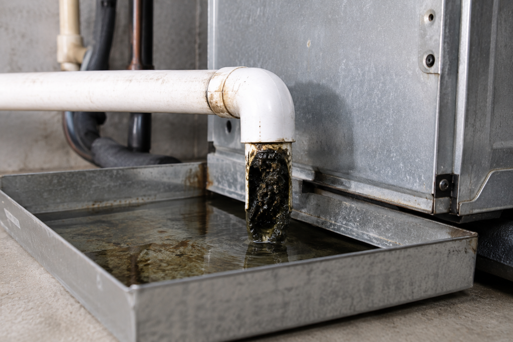 Clogged AC condensate drain line with buildup causing water to back up into the drain pan.