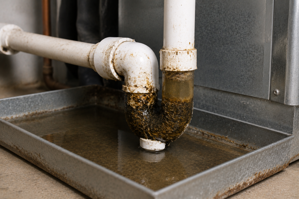 Clogged AC condensate trap filled with sludge and debris causing water drainage problems.
