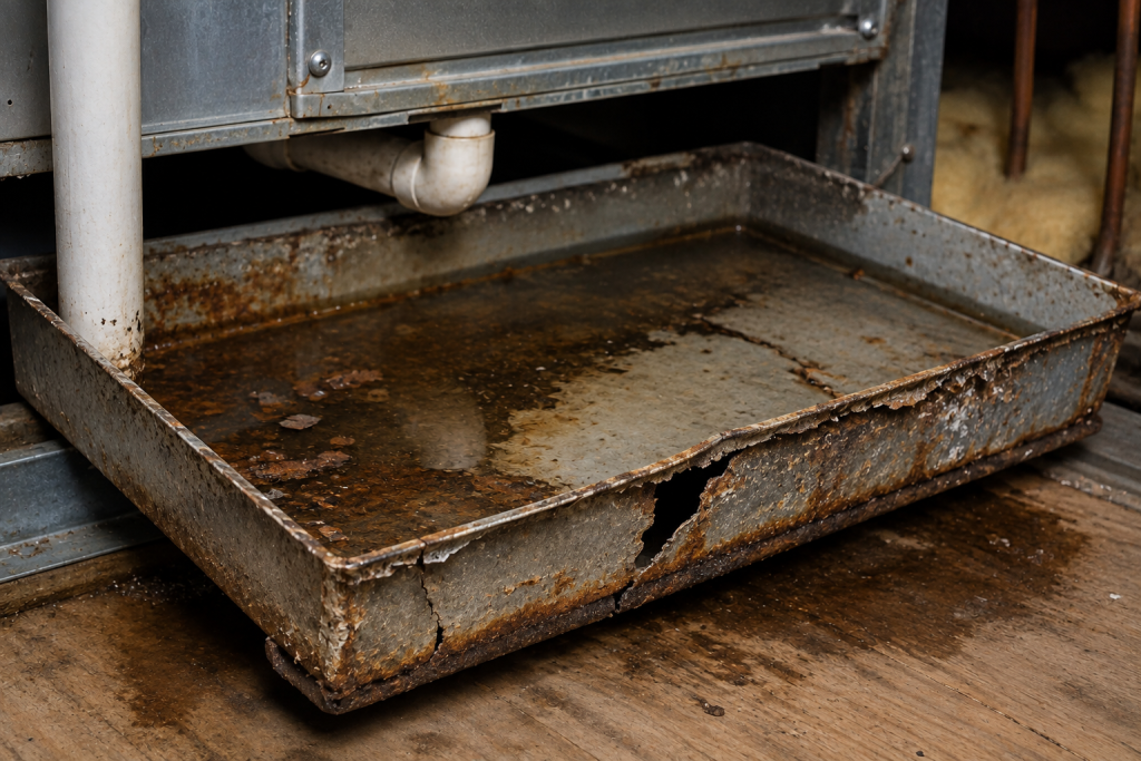Cracked and rusted AC drain pan with standing water beneath an HVAC unit.