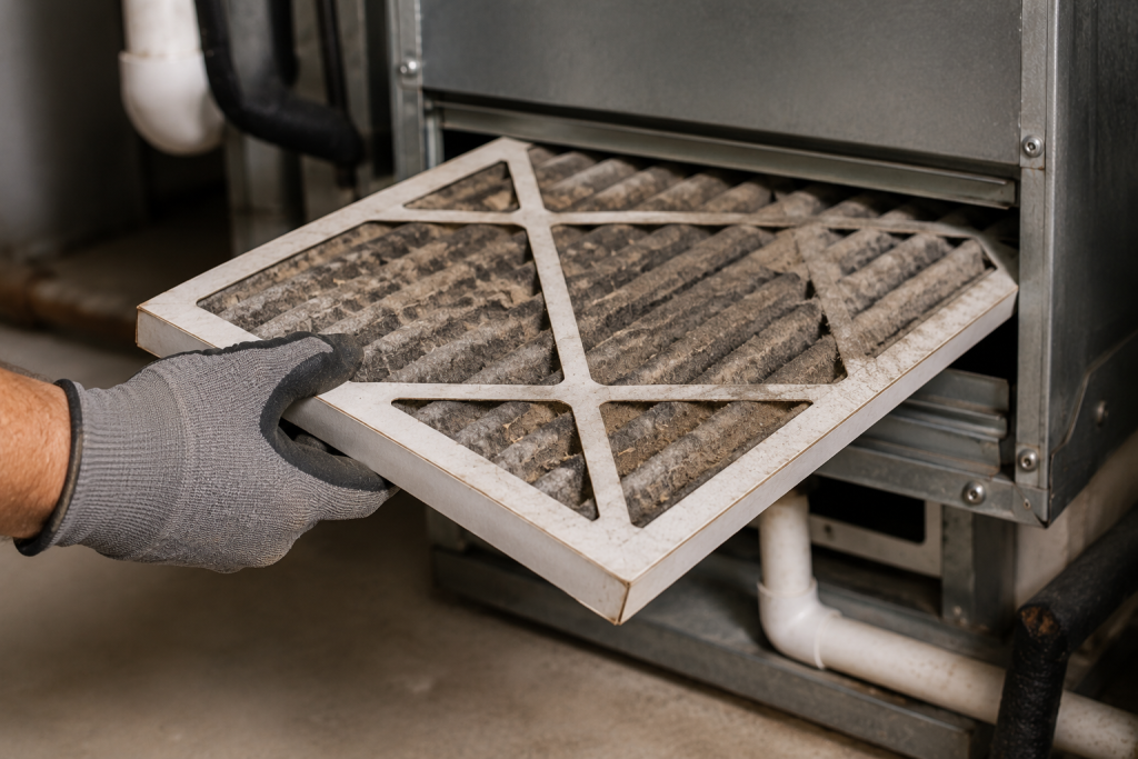 Dirty HVAC air filter covered with dust being removed from an air handler.