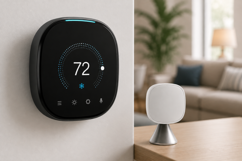 Ecobee Smart Thermostat Premium installed on a wall with a SmartSensor displayed in a modern living room for Best Smart Thermostats for Homeowners,