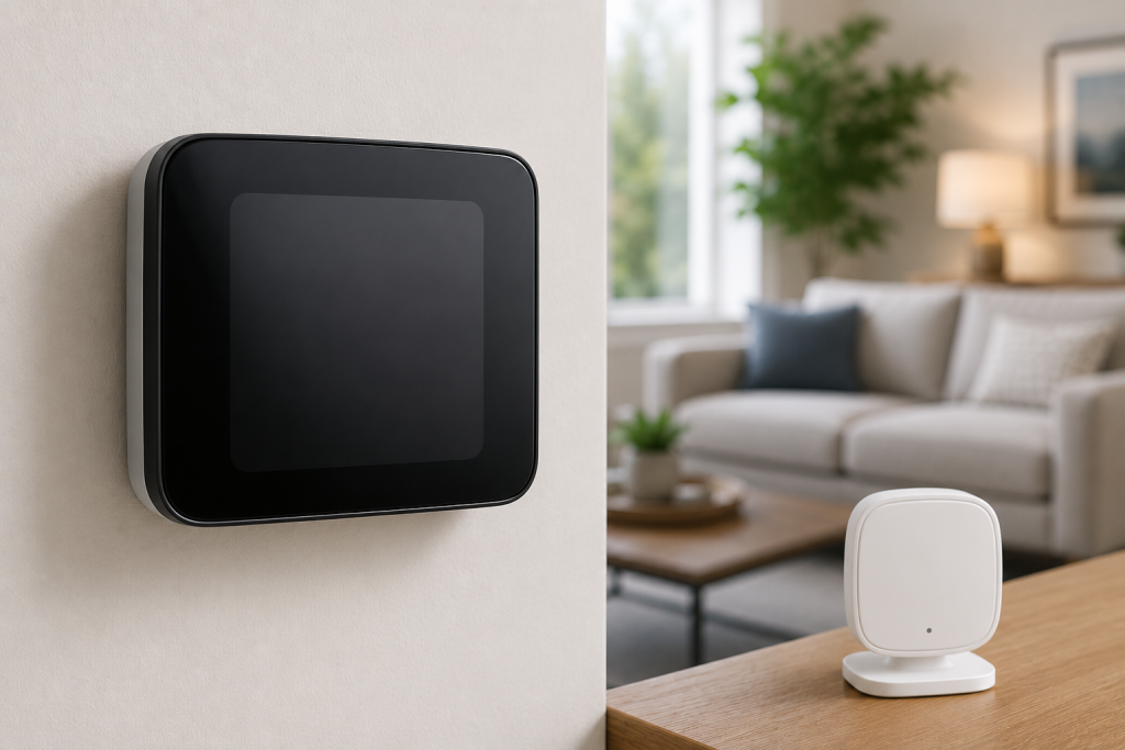 Emerson Sensi Touch 2 smart thermostat mounted on a wall with a wireless room sensor in a modern living room.