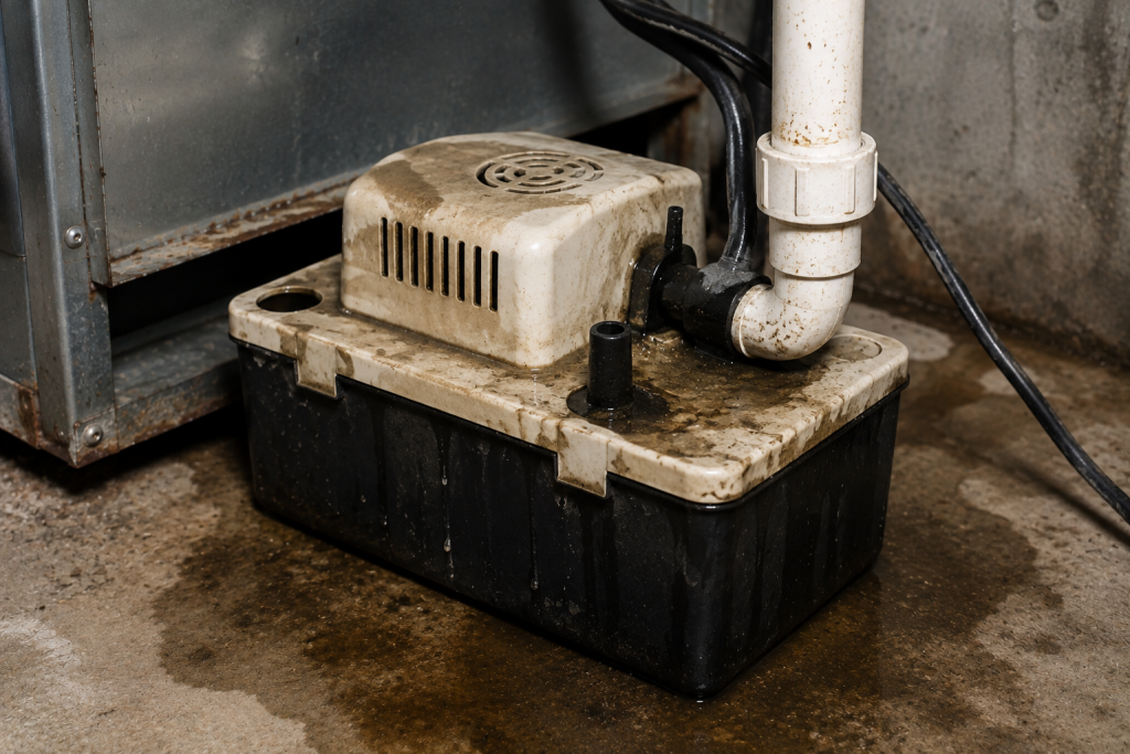 Failed AC condensate pump with water buildup near an HVAC system.