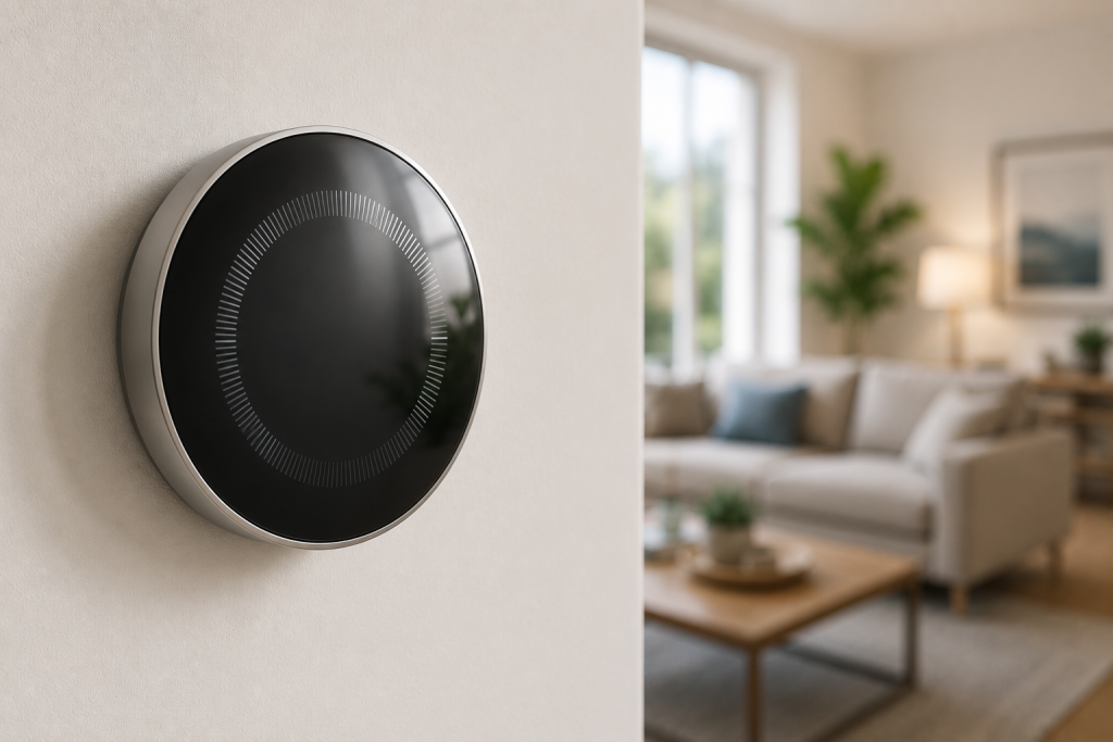 Google Nest Learning Thermostat (4th Generation) mounted on a wall in a modern living room with a softly blurred background.