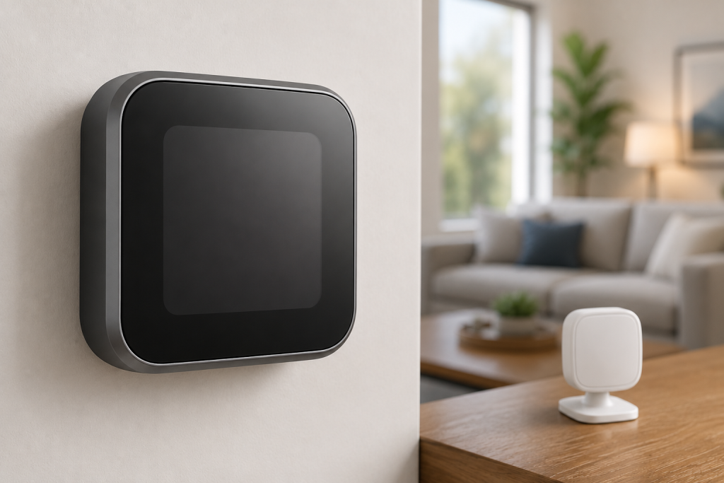 Honeywell Home T9 smart thermostat mounted on a wall with a remote room sensor in a modern living room.