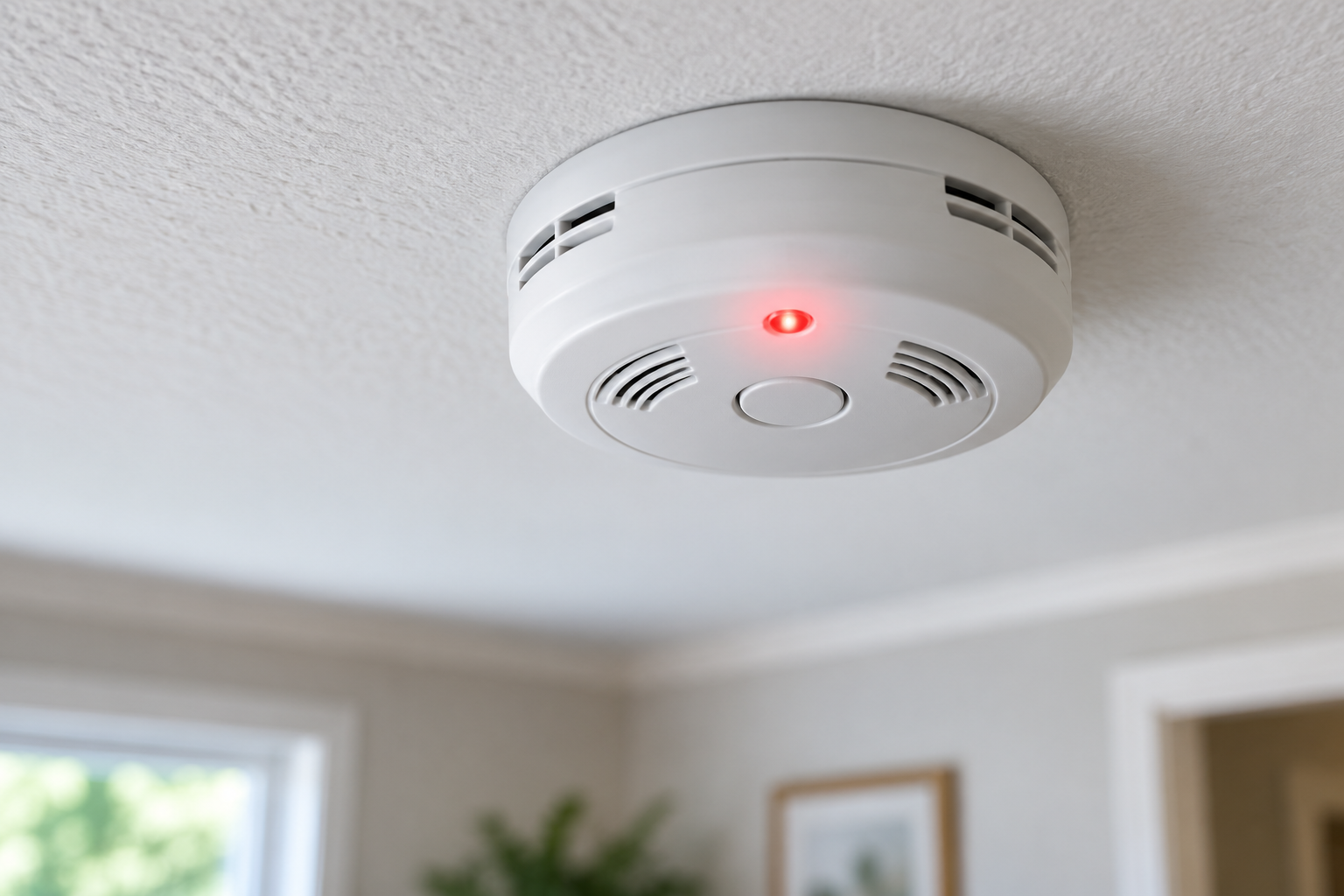 Smoke detector blinking red on a ceiling