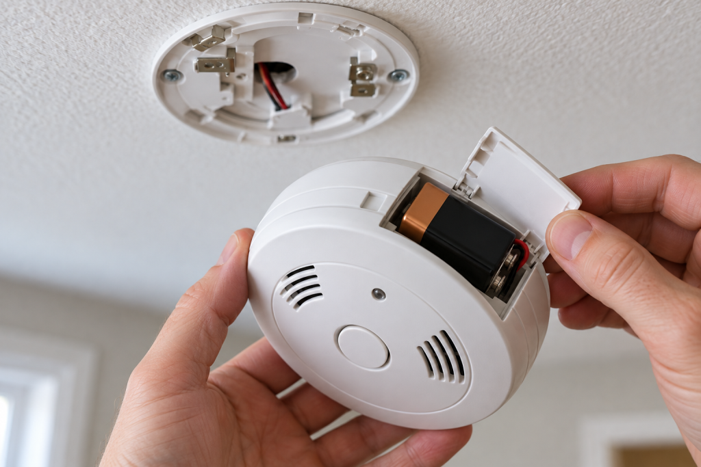 A smoke detector removed from its mounting plate with the battery compartment visible.