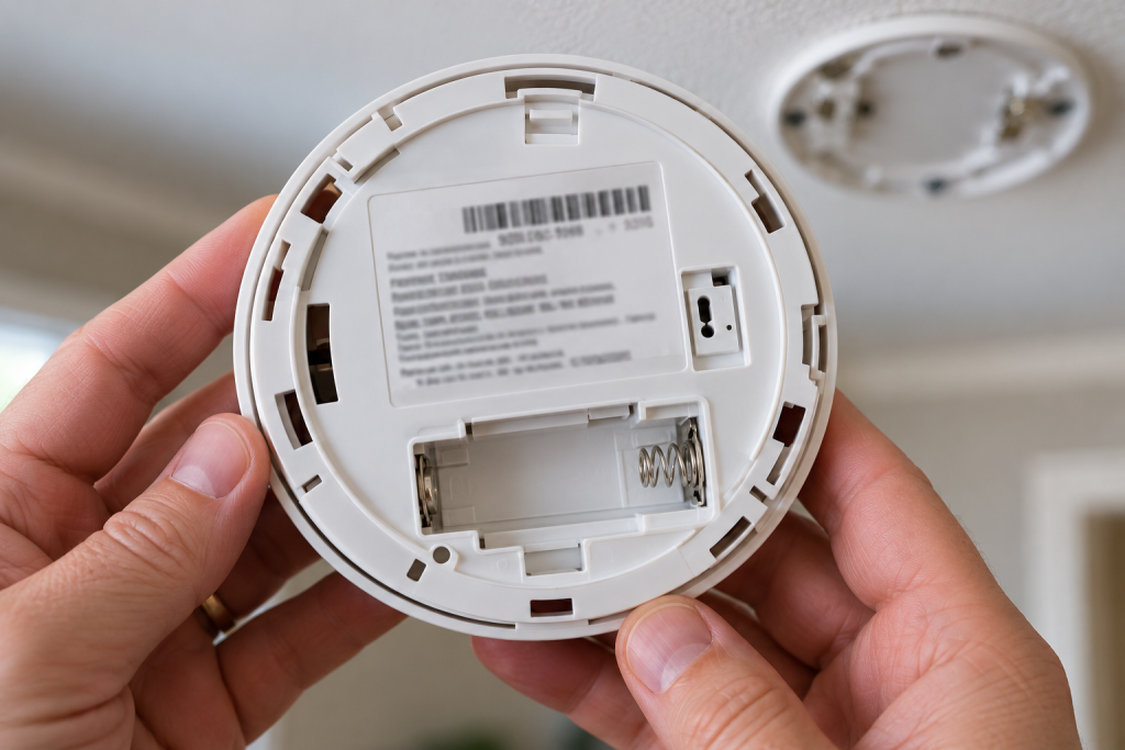 Back of a smoke detector showing the model and manufacturing date label