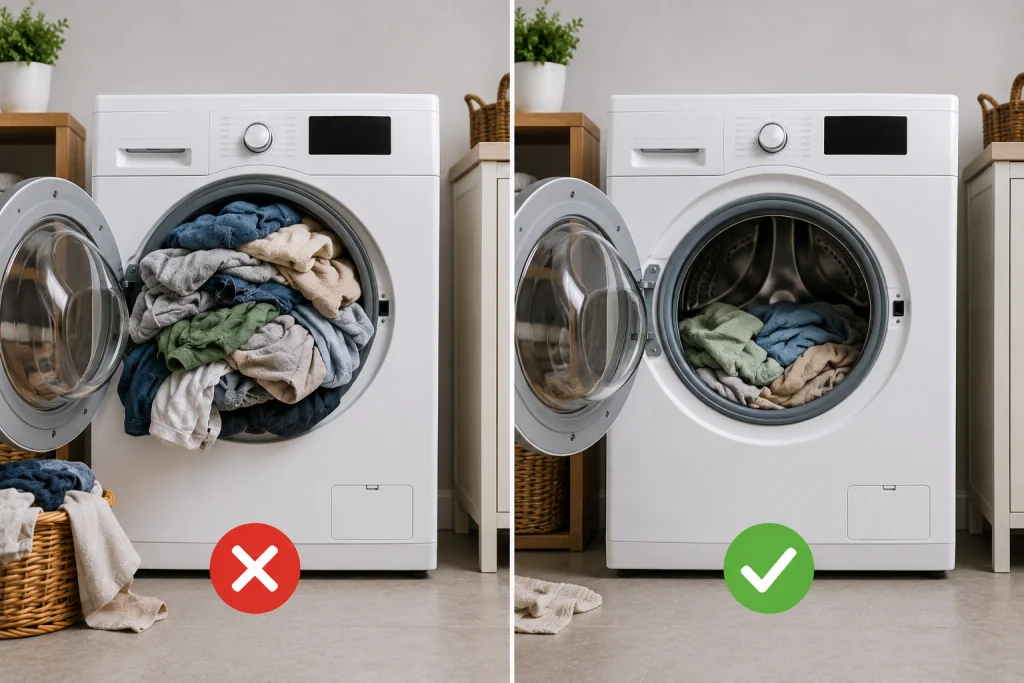 Homeowner removing excess laundry from an overloaded front-load washing machine to prevent excessive shaking during the spin cycle