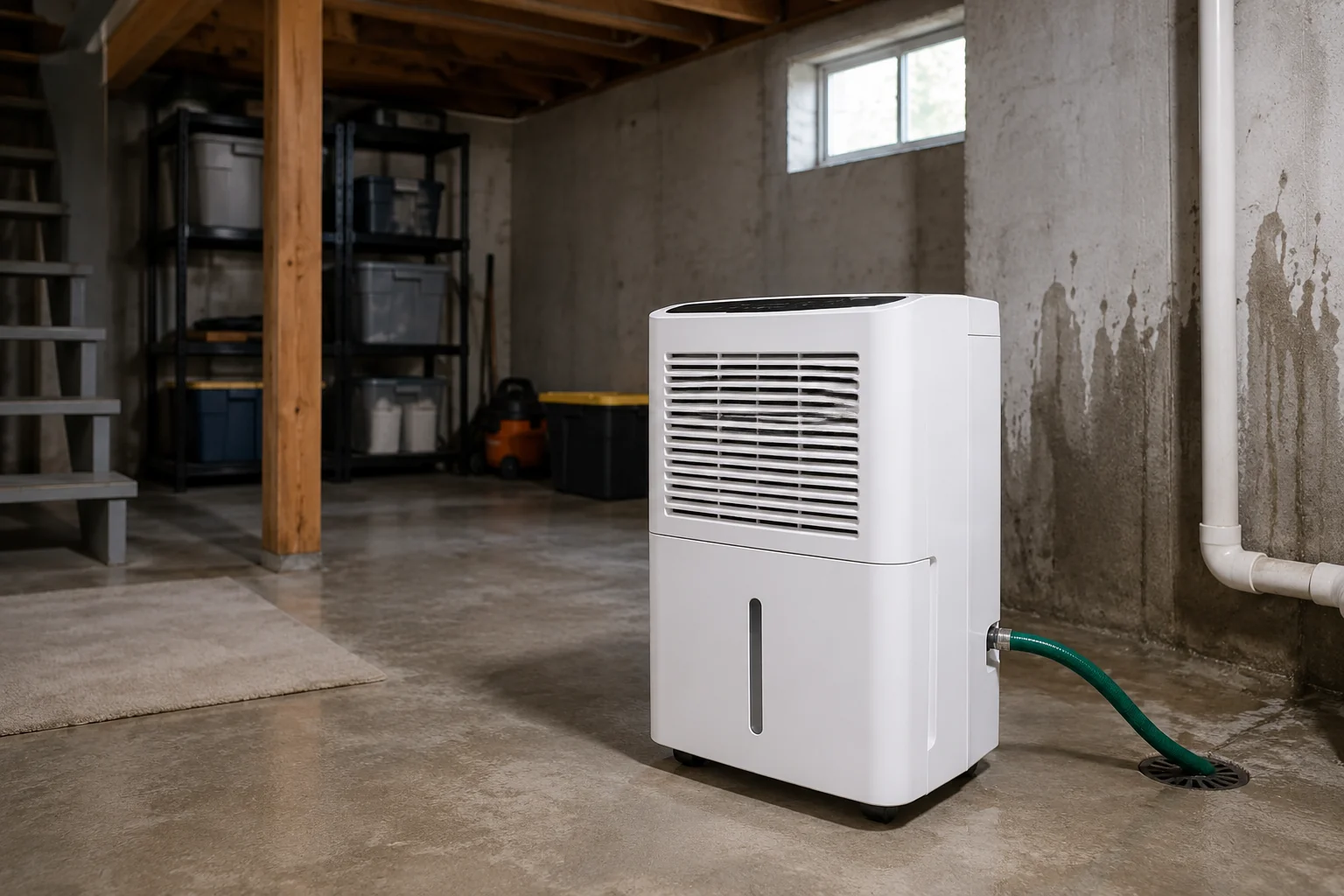 Portable dehumidifier removing excess moisture in a clean residential basement with continuous drain hose connected