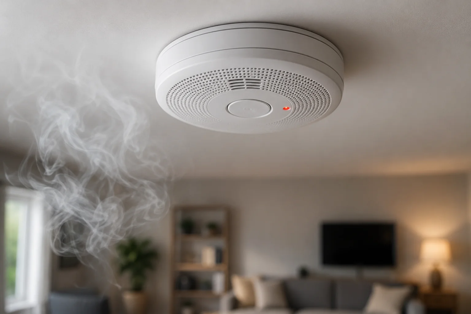 Modern ceiling-mounted smoke detector with light smoke in a residential living room, illustrating home fire safety and early smoke detection.