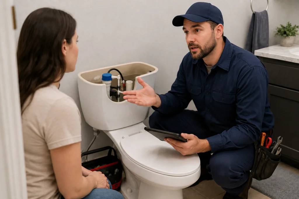 Professional plumber inspecting an open residential toilet tank and plumbing connections while diagnosing low water pressure or hidden plumbing problems