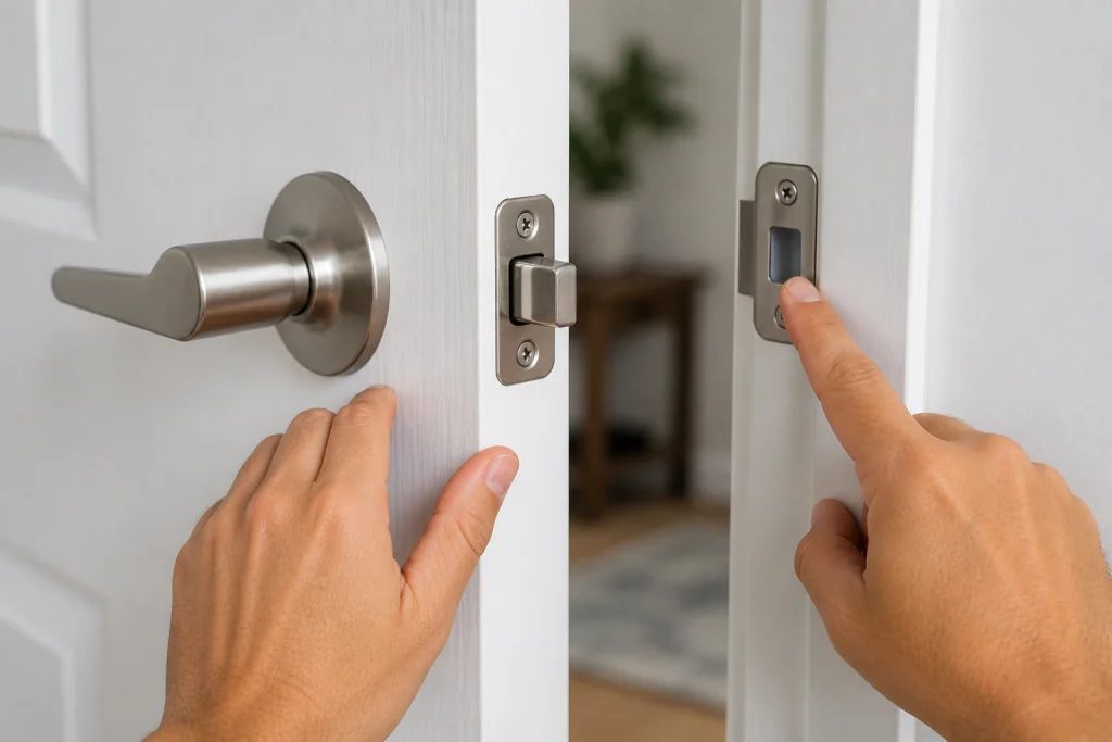 Checking door latch alignment with strike plate to fix a door that won’t latch properly