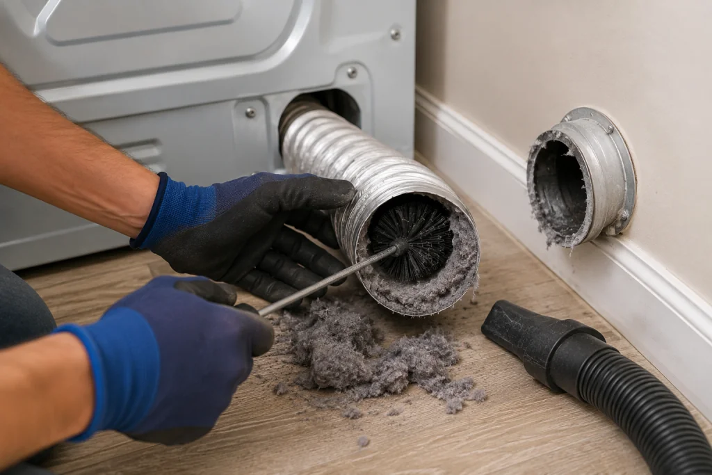Homeowner inspecting and cleaning clogged dryer vent hose behind dryer to improve airflow and reduce drying time