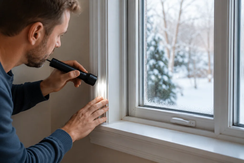 Inspecting a residential window frame for cold air leaks and winter drafts in winter using a flashlight indoors during cold weather troubleshooting