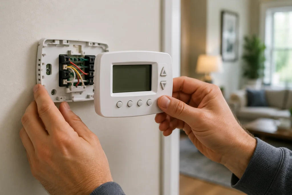 Homeowner inspecting and testing a digital thermostat mounted on a residential wall to troubleshoot a furnace blower running continuously