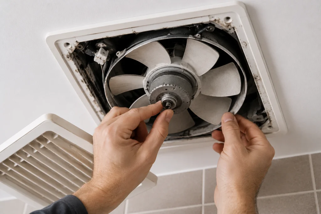 Close-up of a bathroom exhaust fan motor with a homeowner manually spinning the fan blades while inspecting the motor shaft and bearings for wear, resistance, or grinding for bathroom fan humming but not spinning