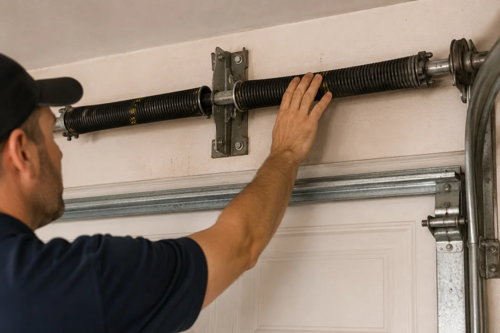 Inspecting residential garage door torsion springs for damage and tension problems during garage door repair troubleshooting
