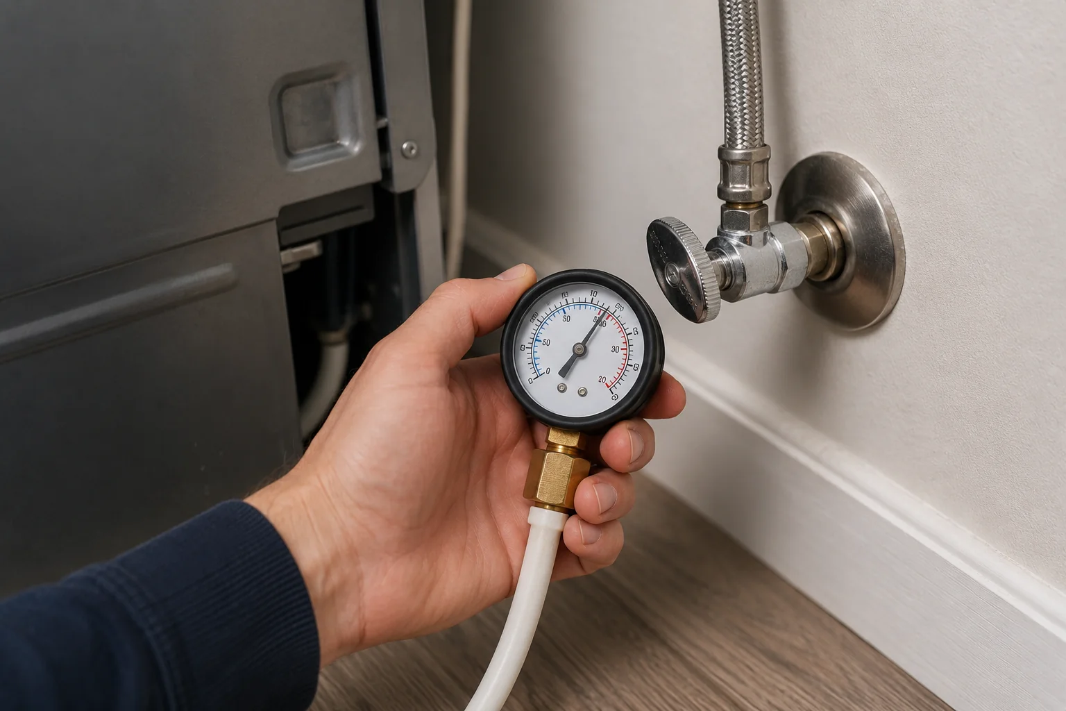 Hand holding a water pressure gauge connected near a refrigerator water supply valve inside a home kitchen area