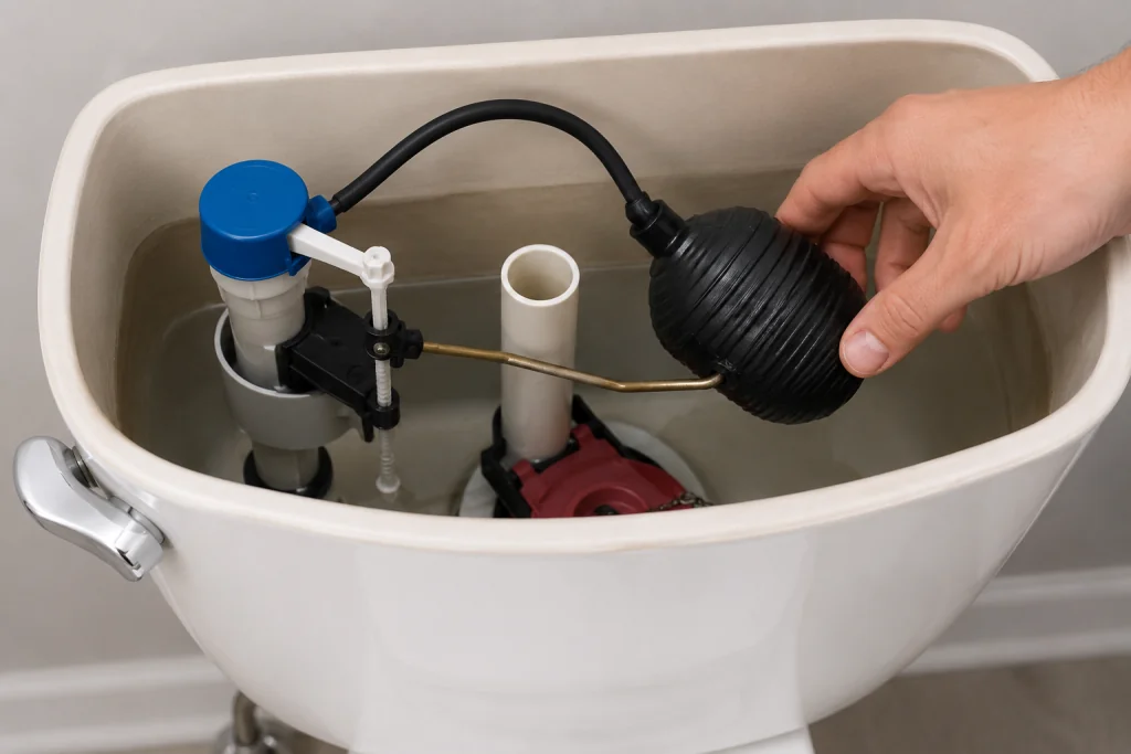 Hand checking a stuck float ball inside an open residential toilet tank during toilet refill troubleshooting