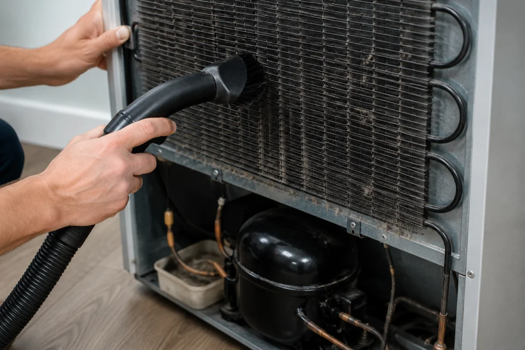 Person using a vacuum brush attachment to remove dust and lint from refrigerator condenser coils during routine maintenance.