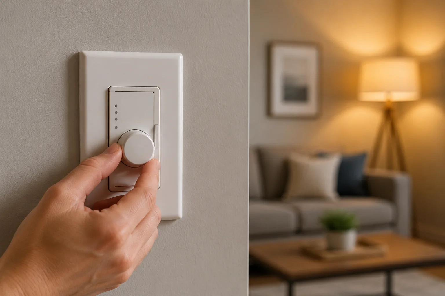 Electrician inspecting a wall dimmer switch controlling a modern light fixture in a residential room with lights partially illuminated.