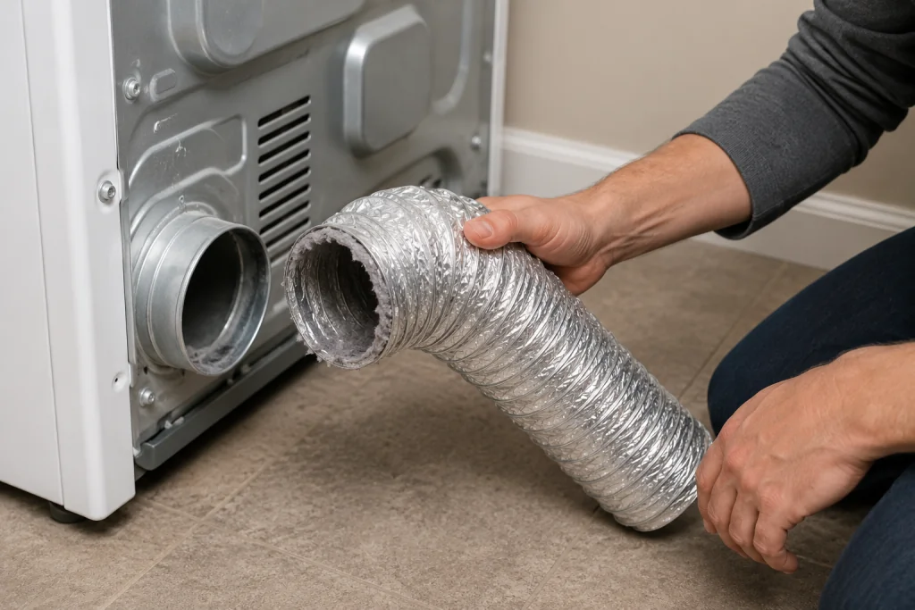 Homeowner disconnecting a dryer vent hose from the back of an LG dryer while testing airflow, with the dryer pulled away from the wall in a clean laundry room.