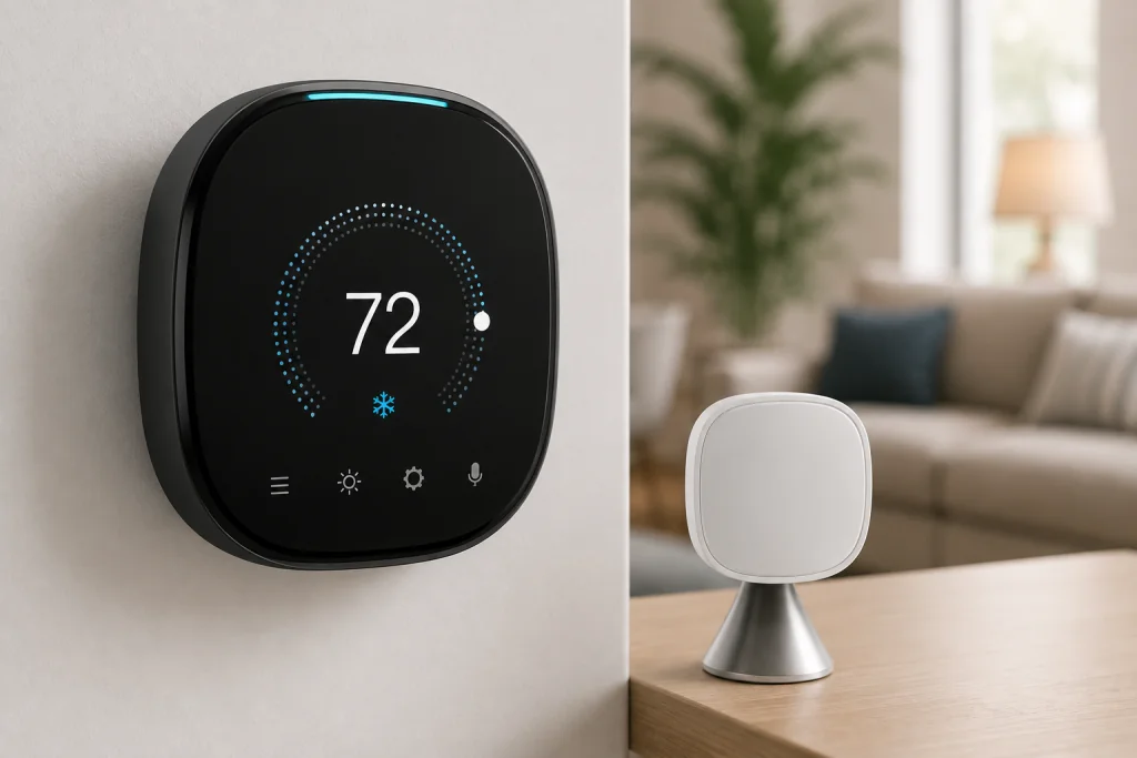 Ecobee Smart Thermostat Premium installed on a wall with a SmartSensor displayed in a modern living room for Best Smart Thermostats for Homeowners,
