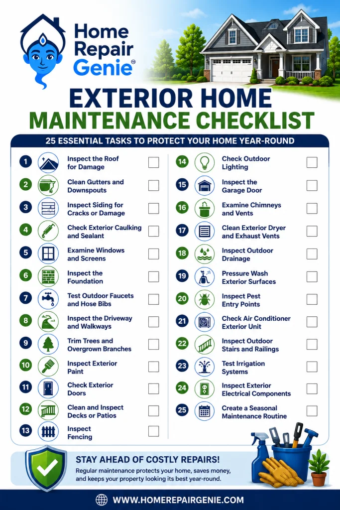 Exterior home maintenance checklist with 25 essential tasks for inspecting roofs, gutters, siding, windows, foundation, drainage, HVAC, and other outdoor home maintenance items.