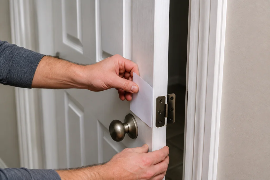 Homeowner using a sheet of paper to identify where an interior door is rubbing against the frame.