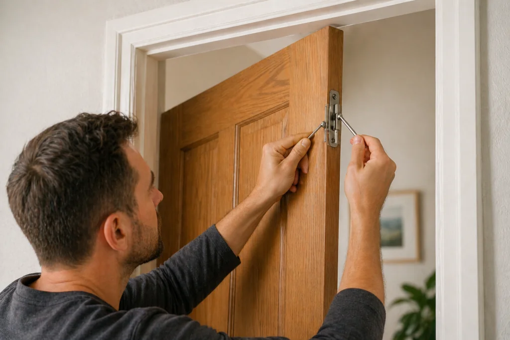 Adjusting door hinges to fix a sagging door without removing it