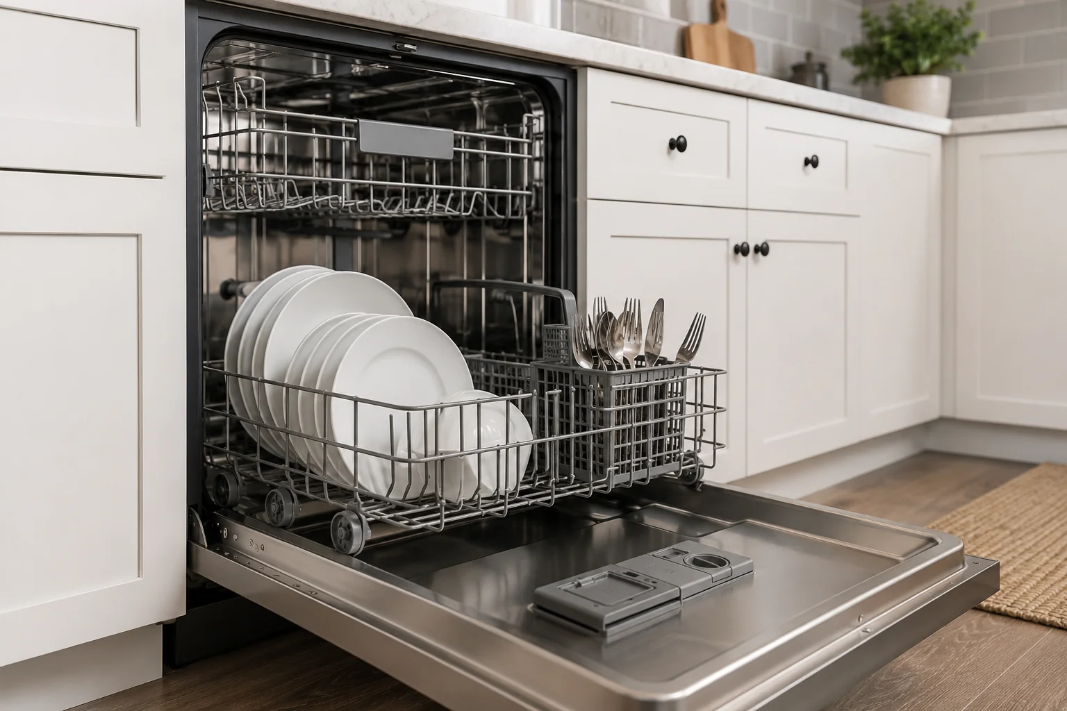 Modern GE-style dishwasher open in a bright kitchen during H2O error code troubleshooting repair process