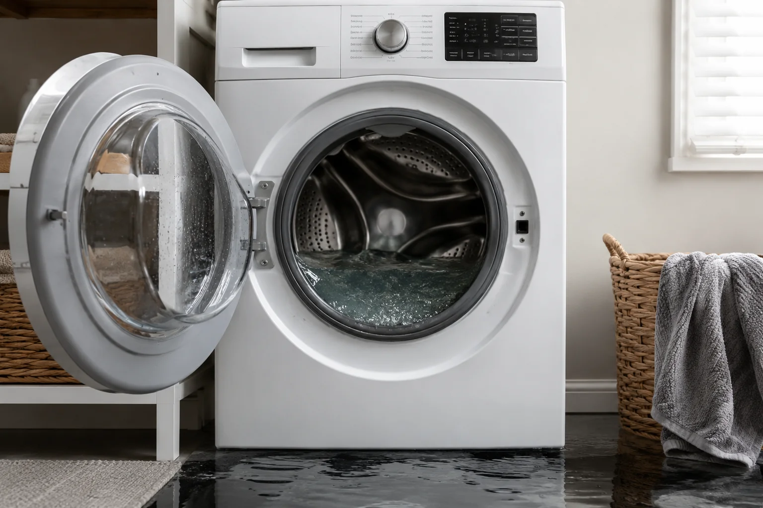 Front-loading washing machine with standing water inside the drum in a modern laundry room during a drainage problem troubleshooting repair.
